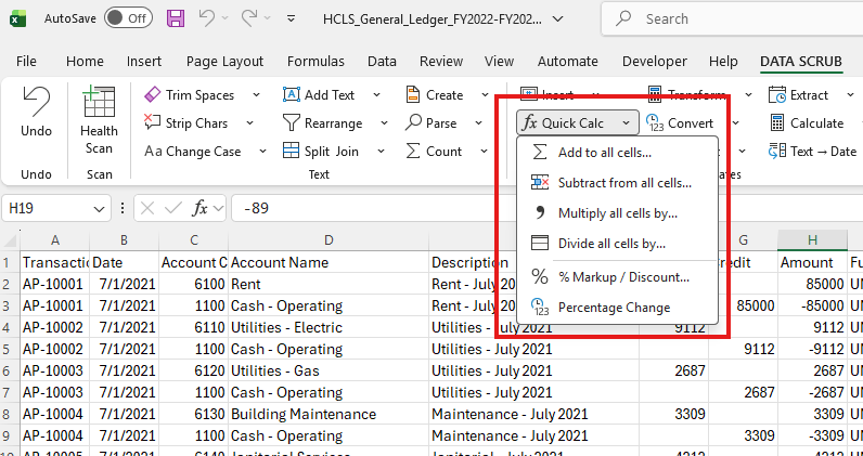 Quick Calc dropdown showing 6 arithmetic options: Add, Subtract, Multiply, Divide, Markup/Discount, Percentage Change